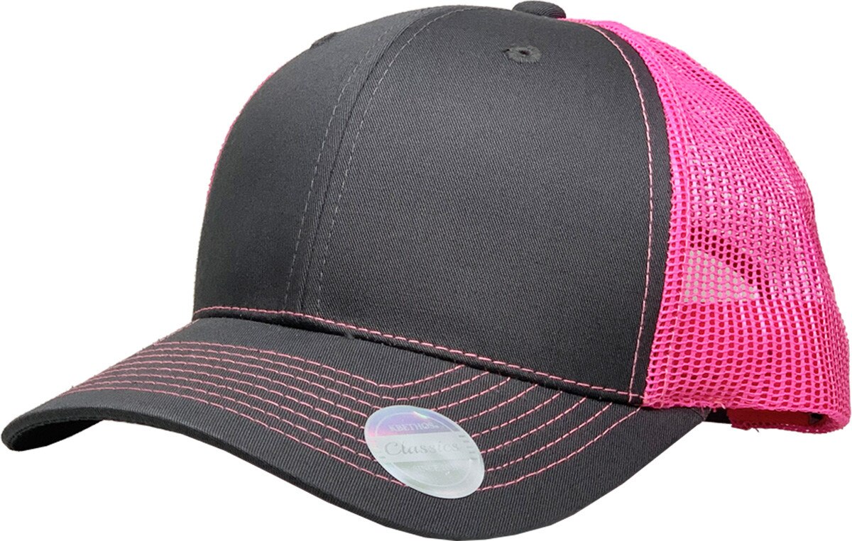Dark Gray Neon Pink Two Tone Classic 6 Panel Trucker Mesh Snapback Front Side View